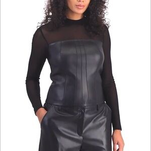 Bar III Size M Leather Inspo Black Mesh Long Sleeve Top